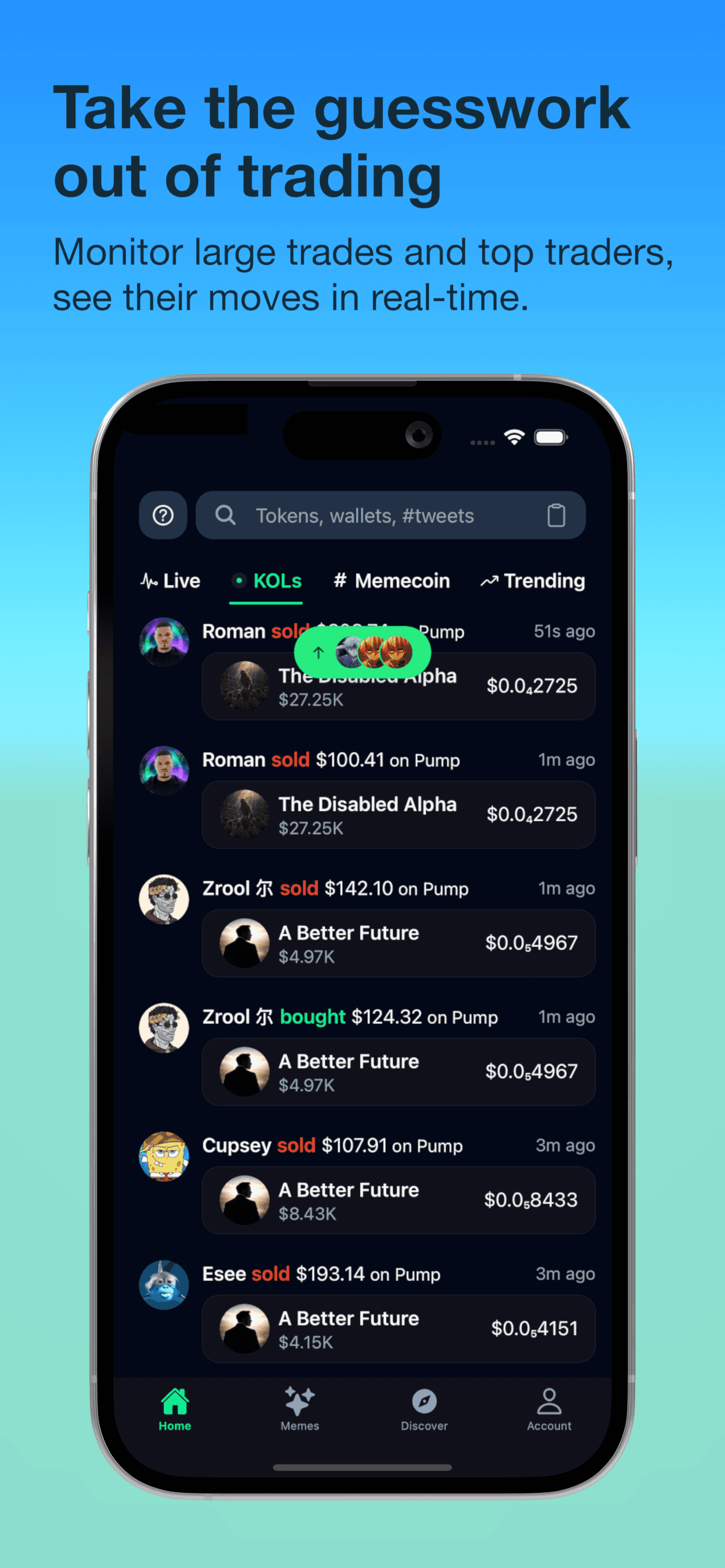 ChadWallet discover screen showing active traders