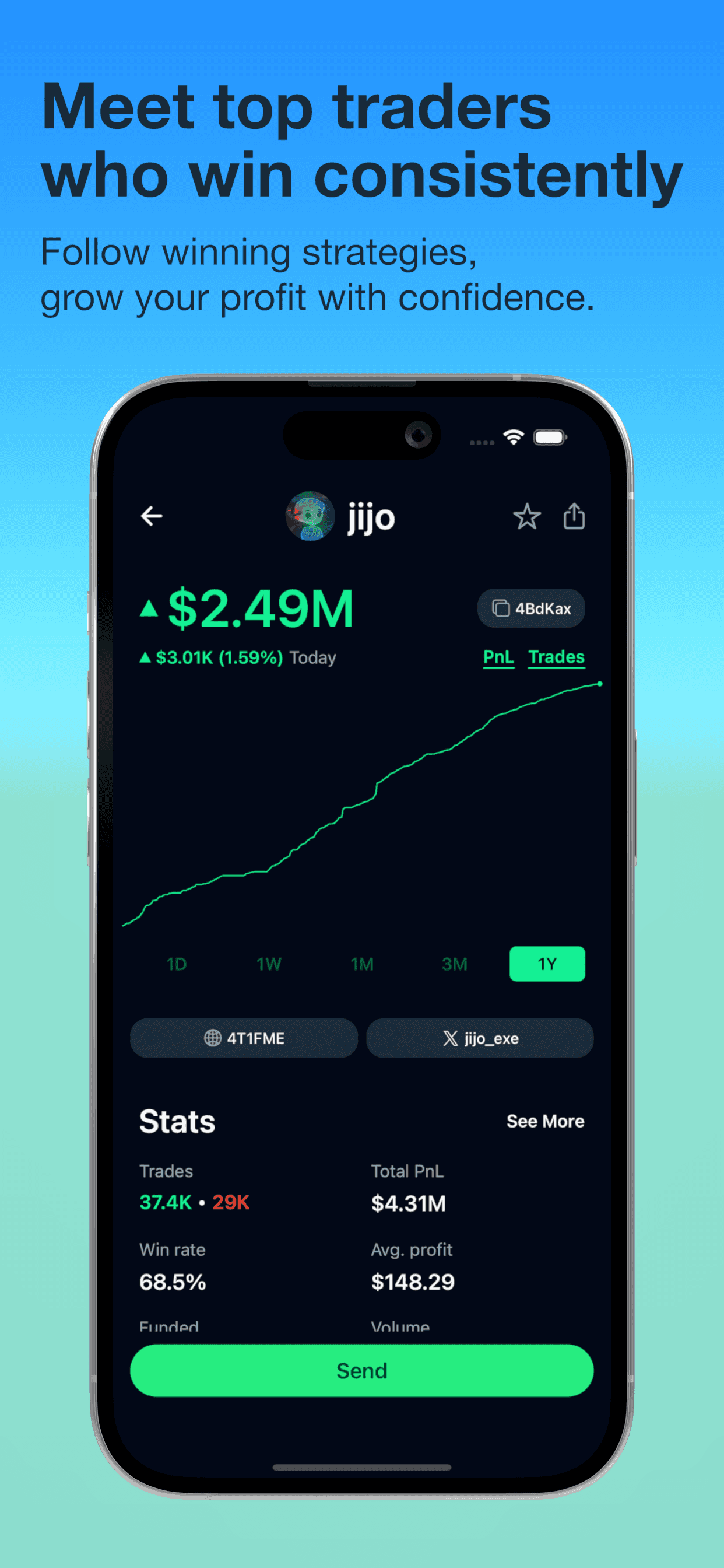 ChadWallet KOL profile screen with trader performance