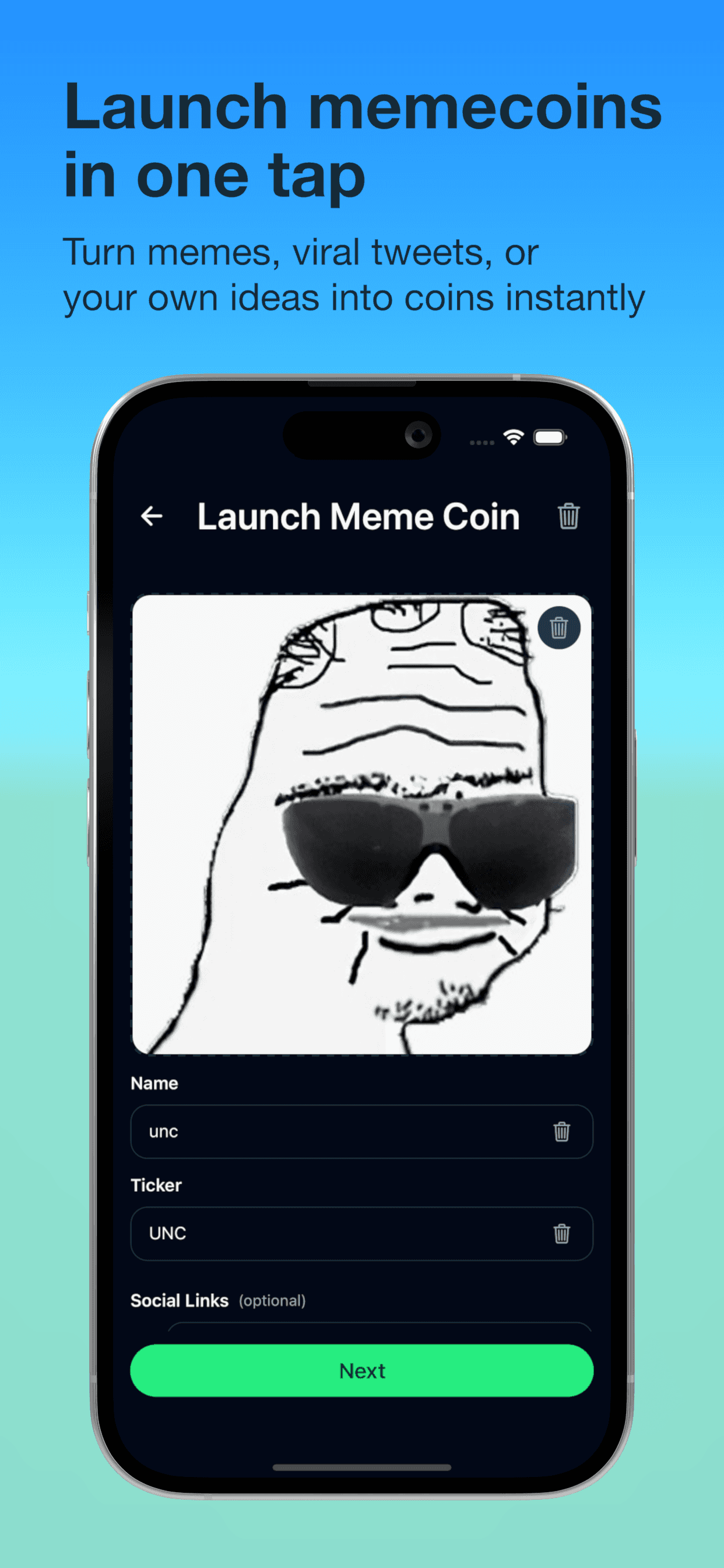 ChadWallet launch screen for creating a meme coin