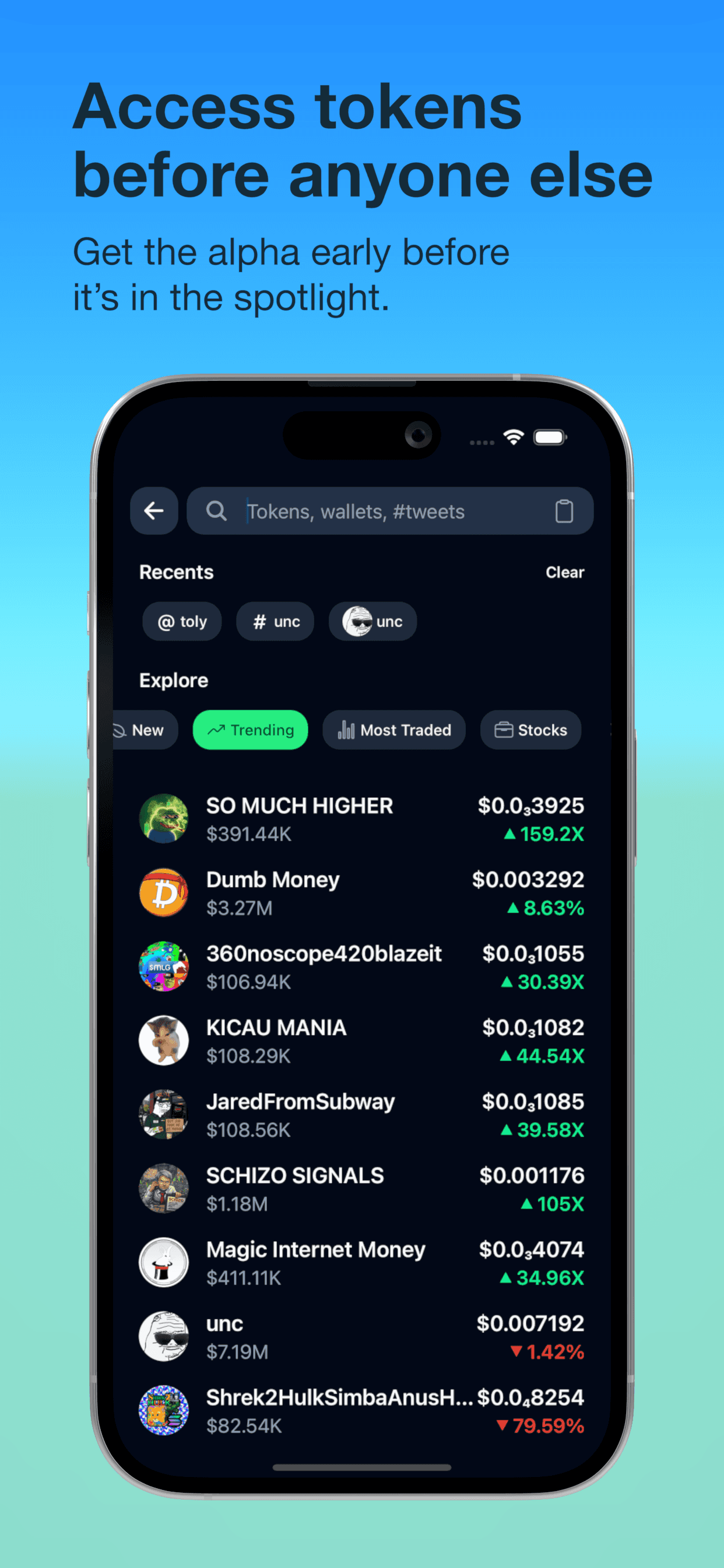 ChadWallet token search screen with ranked tokens