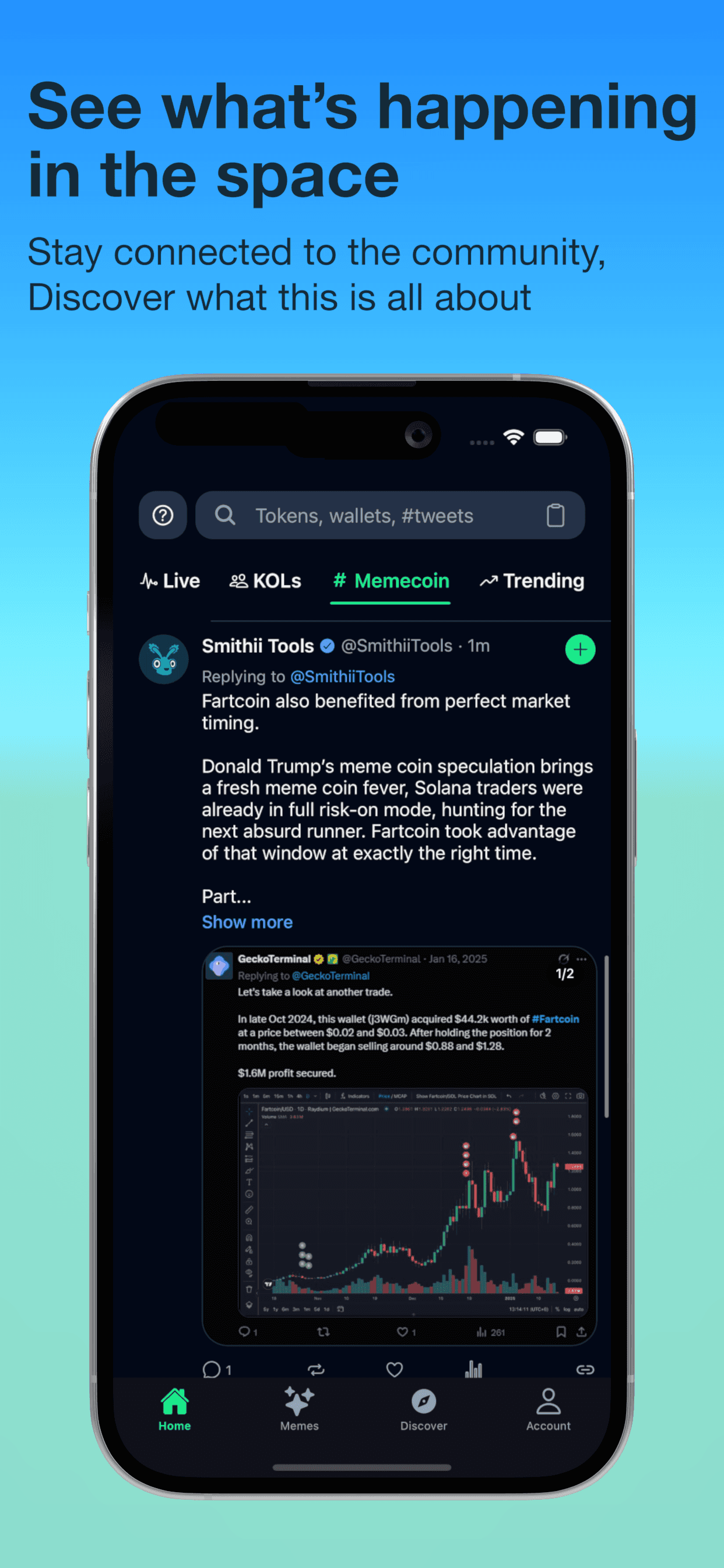 ChadWallet X feed screen with a social post and market chart
