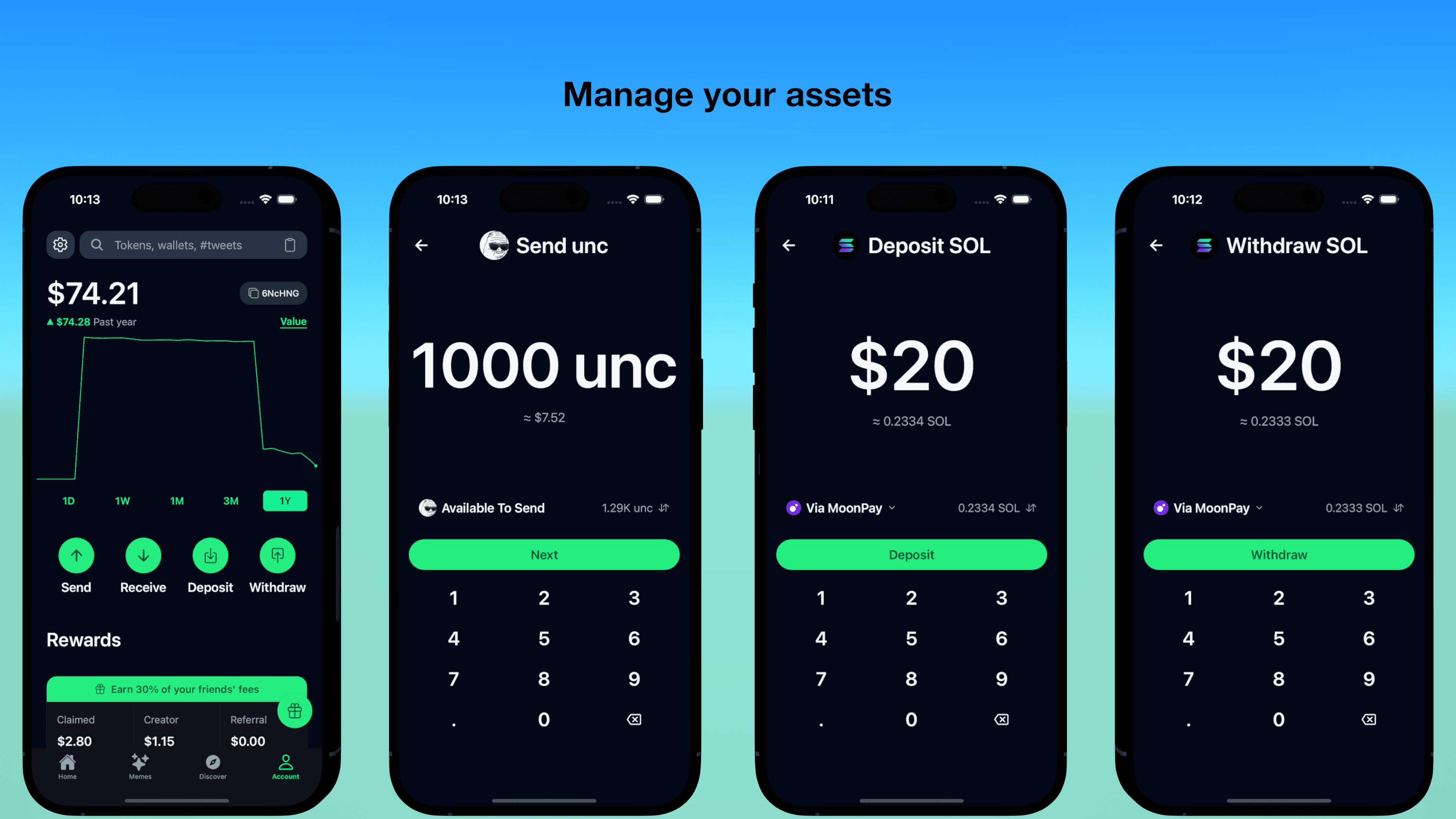 ChadWallet portfolio, deposit, and withdrawal screens